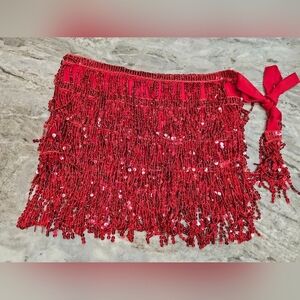 Red Sequin Fringe Mini Skirt / Dance Wrap Skirt – Adjustable Tie Waist
